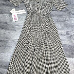 Vintage Houndstooth Silk Dress Womens 6 Pleated Long Button 1/2 Sleeve Retro NEW